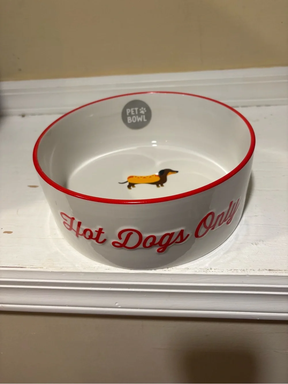 Hot Dogs Only Ceramic Dog Bowl in White with Red Trim